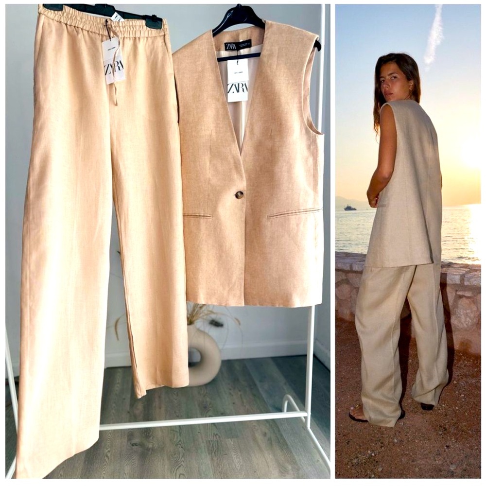 Zara 100% Linen Co-Ord Set Blazer Vest Pants
